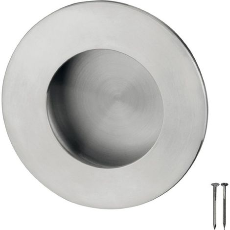 Runder Muschelgriff Ø 60 mm zur verdeckten Montage an Schiebetüren, aus gebürstetem, mattem Edelstahl. Geeignet für Küchenschränke, Schubladen und Regale. (1/3)