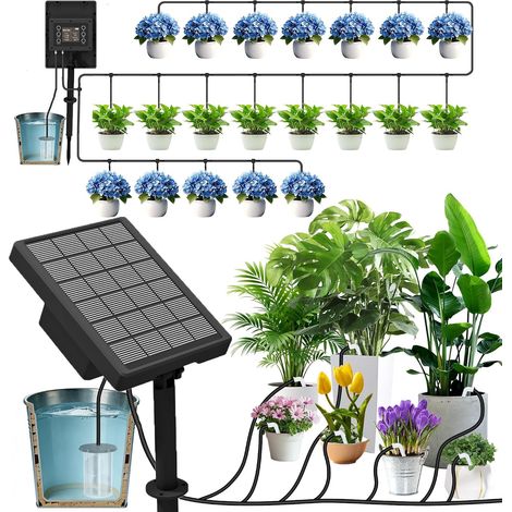 Système d'arrosage solaire de jardin pour 20 plantes en pot, irrigation goutte à goutte automatique avec tuyau de 15 m, écran LCD, panneau solaire 3 W, étanche IP65, idéal pour les vacances (1/5)