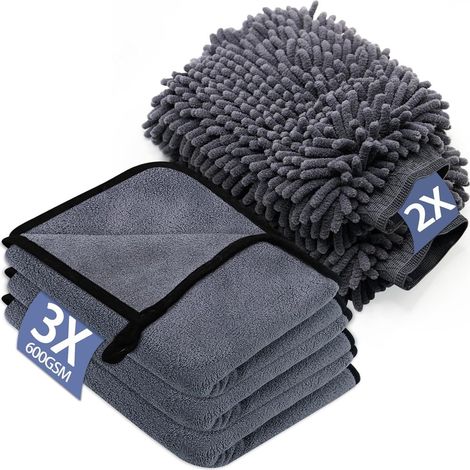 Kit per la pulizia dell'auto: confezione da 3 panni in microfibra e confezione da 2 guanti in microfibra per il lavaggio dell'auto. (1/5)