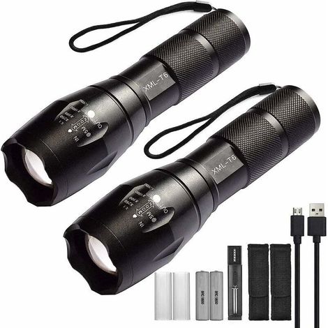 Lot de 2 lampes Torche de poche LED haute puissance avec 2 piles rechargeables 18650. lampe de poche tactique avec chargeur USB (1/5)