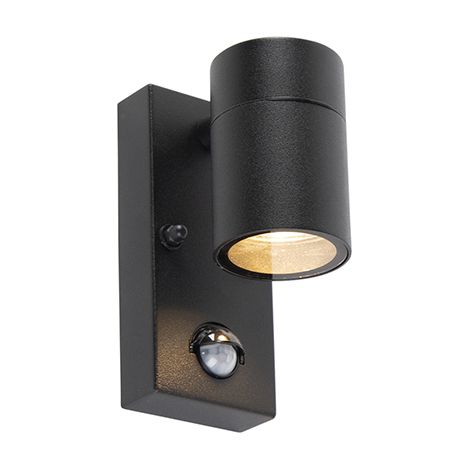 QAZQA Moderno Aplique de pared exterior negro con sensor de movimiento IP44 - Solo Acero inoxidable Cilíndra Adecuado para LED Max. 1 x 35 Watt
