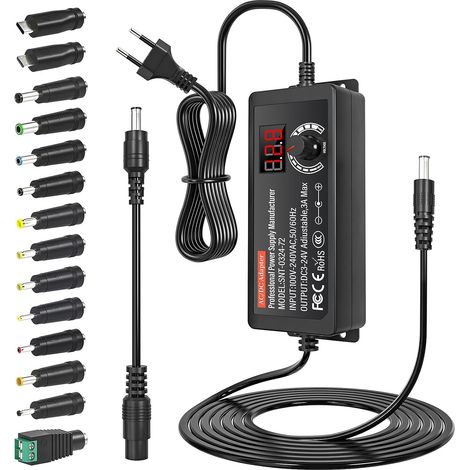 Bloc d'alimentation universel 3 V-24 V 3 A 72 W réglable 100-240 V AC vers DC avec affichage numérique et 14 conseils pour l'électronique domestique, moteur DC, 3 A max (1/5)