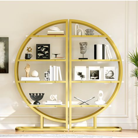 Étagère bibliothèque arche 120x30x130 cm en métal doré et MDF blanc, modulable salon FloraGrace (1/5)