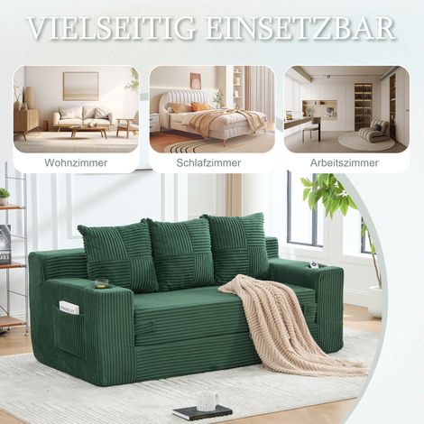 Dreier-Sofa aus Baumwoll- und Leinenstoff, mit Getränkehalter und seitlichen Taschen, kann in drei Sitzplätze umgewandelt werden, rahmenloser Design mit gestrickten Kissen und Rückenlehne, großes Sitz (1/5)