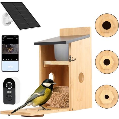 Nichoir à oiseaux connecté avec caméra 5MP, vision nocturne couleur, panneau solaire, étanche IP66, enregistrement vidéo intelligent pour jardin (1/5)