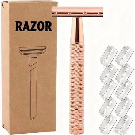 Rasoir réutilisable en métal - Pour femme - Usage universel - Pour bikini et aisselles - Tranchant longue durée - Acier inoxydable - 10 lames de rechange incluses (1/5)