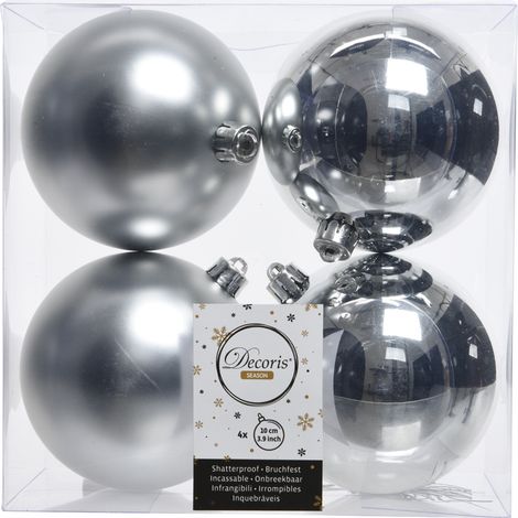 4 PALLINE DI NATALE 10CM ARGENTO OPACO/LUCIDO ADDOBBI DECORO ALBERO