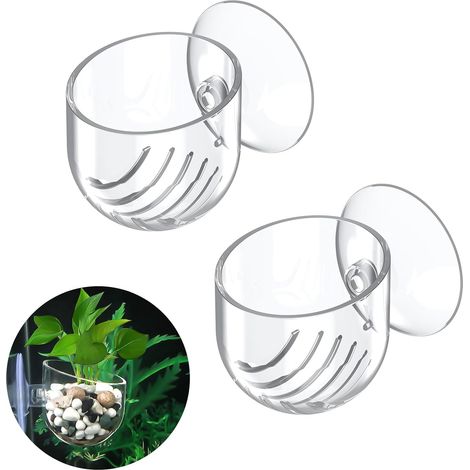 Juego de 2 soportes de plástico transparente con ventosas para plantas de acuario, ideales para decorar el acuario, colocar comida para peces y criar gusanos dorados. (1/5)