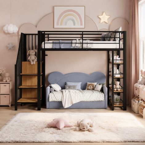 Hochbett 255x98x170.5 cm, mit Sicherheitstreppe und Stauraum, hoher Zaun, Metall, Schwarz (1/5)