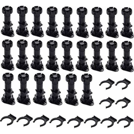 24 Pièces Pieds D'Armoire Plastique,Pied de Meuble,Pied Réglable pour Meuble,Noir Pieds de Meuble Plastique avec Clip Fixation Base pour Meubles de Cuisine,Armoire et Canapé (80mm-100mm) (1/4)