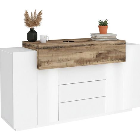 Dmora Aparador moderno, Aparador de diseño con 3 puertas y 3 cajones, Made in Italy, Mueble para TV, Buffet de salón, 160x45h86 cm, Blanco brillante y Color arce, con embalaje reforzado