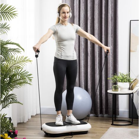 Piattaforma vibrante con 2 bande fitness, 99 livelli, 120 kg, 200 W, bianca OKMYHOME