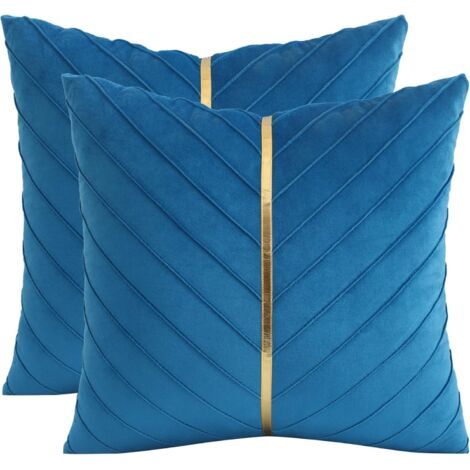 Lake Blue Velvet Throw Couvertures d'oreillers 18x18 pouces Pack de 2 avec décoratives de canapé en cuir or Couverture d'oreiller moderne de luxe (1/5)
