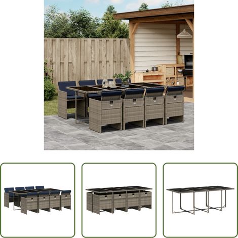Gartentisch - 9-teiliges Garten-Ess-Set mit Kissen, grau, Polyrattan (1/5)