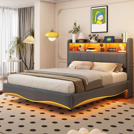 Cama tapizada 140x200 cm gris, estructura metálica con LED y puertos USB (1/5)