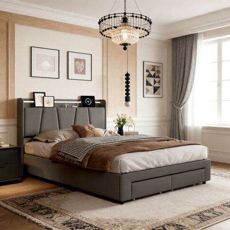 Lit coffre 160x200 cm avec sommier LED et USB, Lit double 160x200 cm avec tête de lit rangement et 2 tiroirs, Lin, Gris foncé (1/5)
