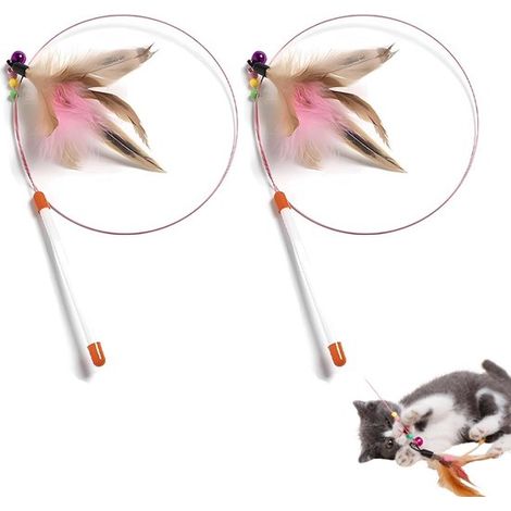 Lot de 2 jouets pour chat : canne à pêche avec clochette et plumes, en fil d'acier flexible, rose. (1/5)