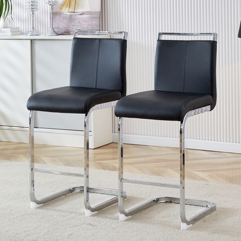 Juego de 2 taburetes de bar con respaldo, asiento y respaldo de PU, patas de metal plateado, negro (1/5)
