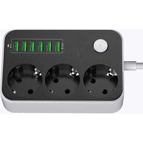 Multiprise Avec Prise Usb - 3 Prises Eu + 6 Ports Usb - 2500 W - Câble 2 M - Interrupteur Marche/Arrêt - Matériau Ignifuge Pc (1/5)