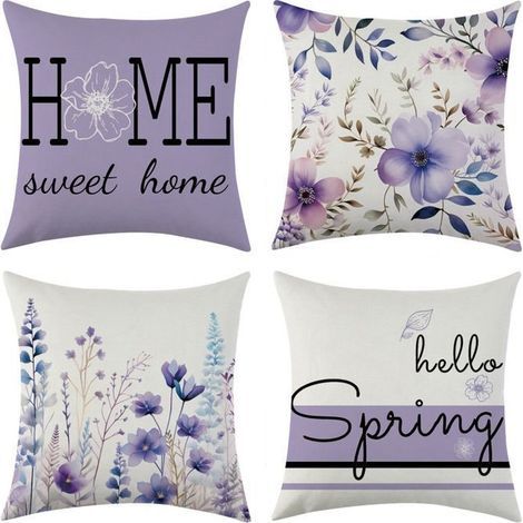 Set of 4 Lavender Linen Decorative Cushion Covers, Floral Pattern, for Sofa, Garden or Patio