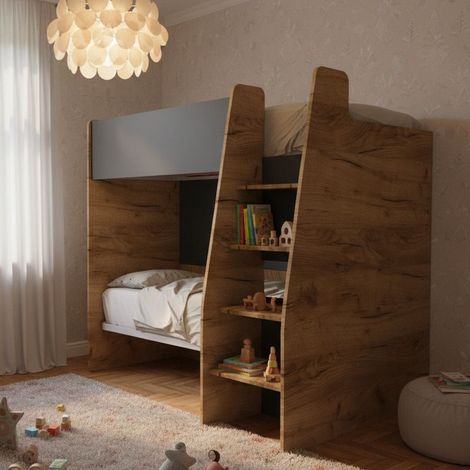 Letto a castello salvaspazio con scaletta frontale - Montaggio facile - Quercia e basalto