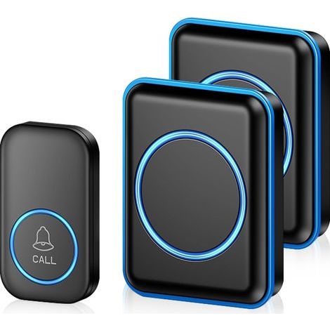 Sonnette Extérieure Sans Fil Imperméable, 60 Mélodies, LED Bleu Urgence pour Maison Bureau Hôtel, Noir Sonnette Intérieure, 1 Émetteur 2 Récepteurs (1/5)