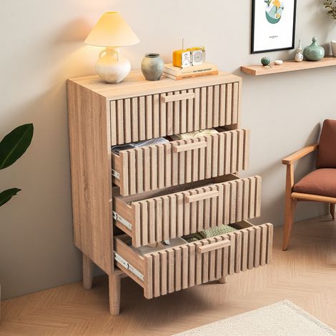Commode 4 tiroirs 60x34x91 – Panneaux de particules – Buffet de cuisine – Rangement élégant pour salon - Couleur bois naturel