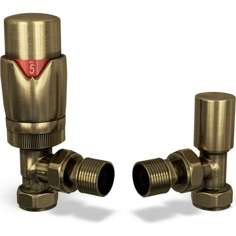 Stirling Bold - Antique Brass Thermostatic Radiator Valve & Lockshield Angled 15mm