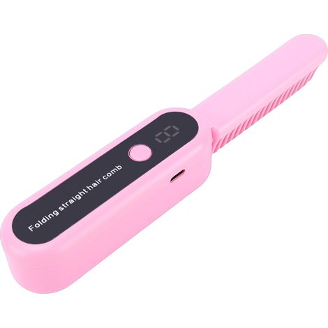 Mini brosse lissante portable sans fil à ions anioniques, pliable et rechargeable, 9 réglages de température, rose (1/5)