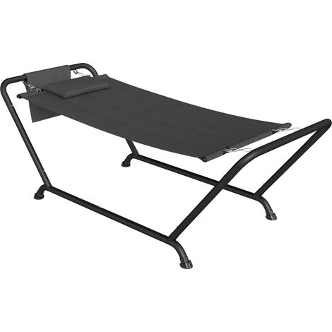 Hamac avec support 237 x 90 cm, barre d'écartement avec poche latérale, appui-tête, structure métallique, jusqu'à 150 kg