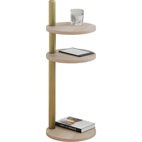 Mesita auxiliar redonda moderna, 3 niveles, 30x30x97 cm, metal dorado. (1/5)