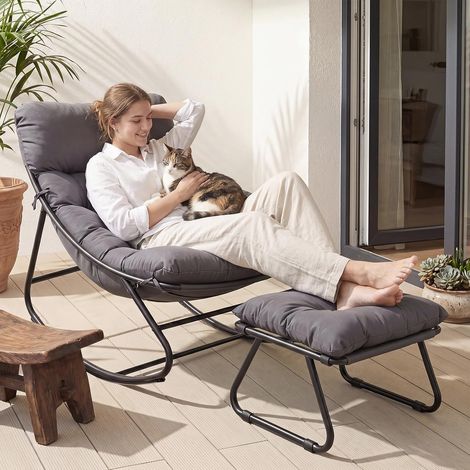 Aoxun Outdoor Rocking Chair with Ottoman for Adults, Rocking Lounger Weatherproof Metal Relaxing Chair for Garden, Patio and Balcony, Maximum Load 160 kg, Grey (1/5)