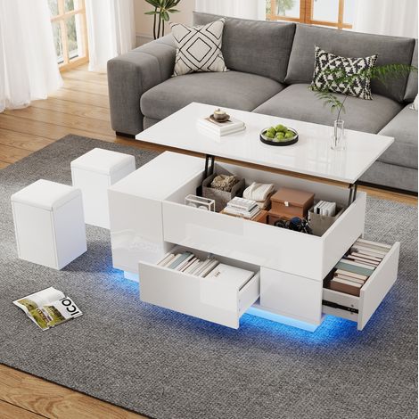 Mesa de centro de aglomerado blanca 100 x 50 cm elevable con LED, 2 cajones y 2 taburetes (1/5)