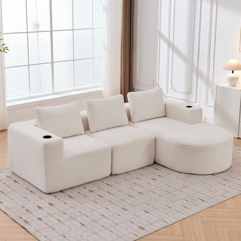 Divano diritto 2 posti, con cuscini e portabicchieri, tessuto poliestere, beige (1/5)