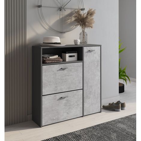 Dmora Zapatero moderno con 3 puertas, Zapatero de entrada para 12 pares de zapatos, estantes estándar, Made in Italy, 91x27h94 cm, Color Antracita y Cemento, con embalaje reforzado (1/4)
