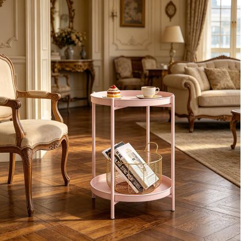 Mesa auxiliar redonda 44x44x53 cm rosa en metal con 2 bandejas extraíbles (1/5)