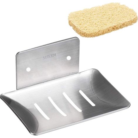 Porte-savon mural autocollant en acier inoxydable argenté pour douche, salle de bain, résistant à la rouille (avec économiseur de savon beige) (1/5)