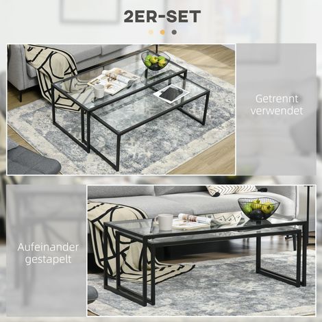 Lot de 2 tables basses en verre trempé transparent, piétement en acier laqué noir, design moderne. (1/4)