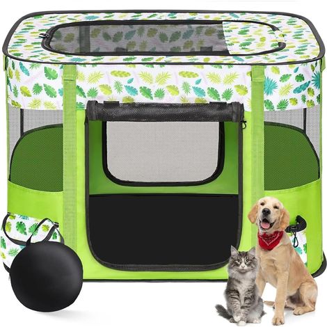 Portable Kennel for Pets 80 x 60 x 55 cm, Foldable, Rectangular, Cat Kennel, Closed Kennel, with Carry Bag (Green Grass) (1/5)