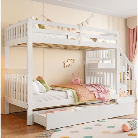 Litera infantil 251,5x97x160 cm de madera y MDF blanco con almacenaje, sin colchón – MEUBLIV (1/5)