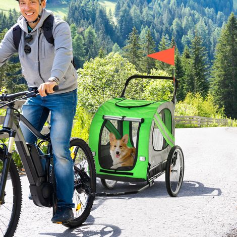 Remorque à vélo poussette chiens 2 en 1 remorque à vélo en acier tissu Oxford réflecteurs drapeau verte