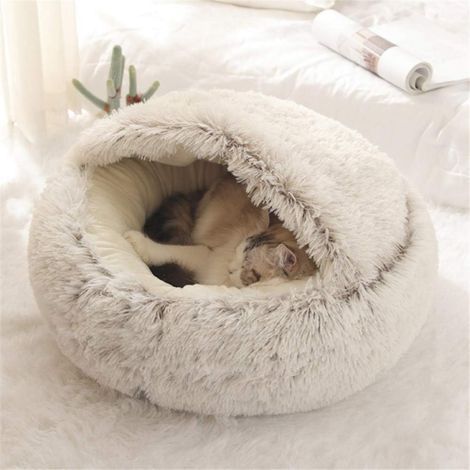 Round Plush Cat Bed with Hood, Non-Slip, Machine Washable, Winter, 40cm (1/5)