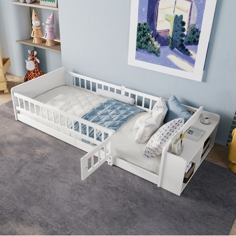 Lit enfant en pin et MDF blanc 90x200 cm avec rangements ouverts et barrière ouvrante (1/5)