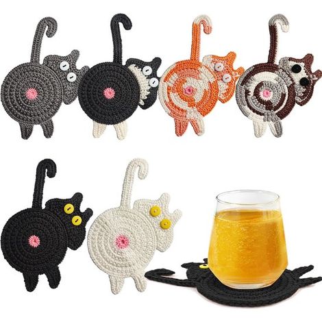 Posavasos de gato, Posavasos de gato adorables, 6 piezas, Posavasos, 15 × 10 cm, Blanco y negro, gris, gris, marrón, naranja, blanco, negro (1/5)