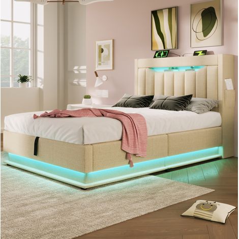 Cama tapizada 90x200 cm con cabecero con almacenaje, USB y Type-C, LED y arcón hidráulico, lino beige (1/5)
