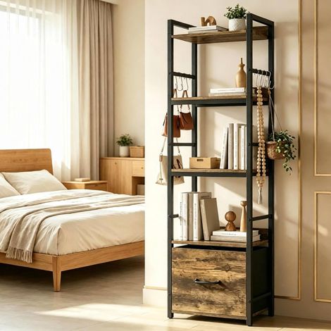 Schmale Bibliothek 39 x 26 x 136,5 cm Holz und Metall braun, 4 Ebenen für kleine Räume – MEUBLIV (1/5)