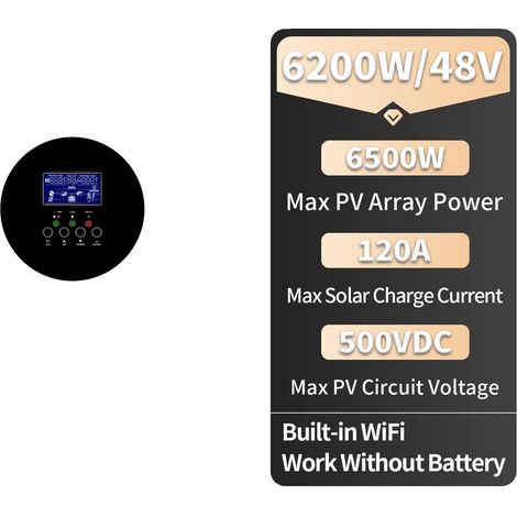 Inversor solar híbrido, potencia de 6200 W, Wi-Fi integrado, 6,2 kJ/48 V, 220-240 V. (1/5)