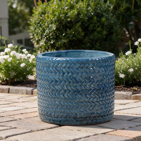 Pot de fleurs en céramique bleu finition brillante diamètre 37 (1/5)