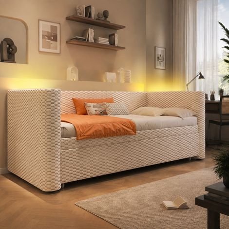 DESMIU Lit banquette 90 × 200 cm 2 places avec LED multicolore, 180 × 200 cm, sans matelas, en velours beige (1/4)