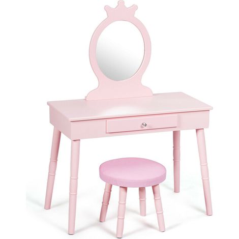 Coiffeuse enfant rose en bois avec miroir, tiroir et tabouret rembourré pour chambre et salle de jeux (1/5)